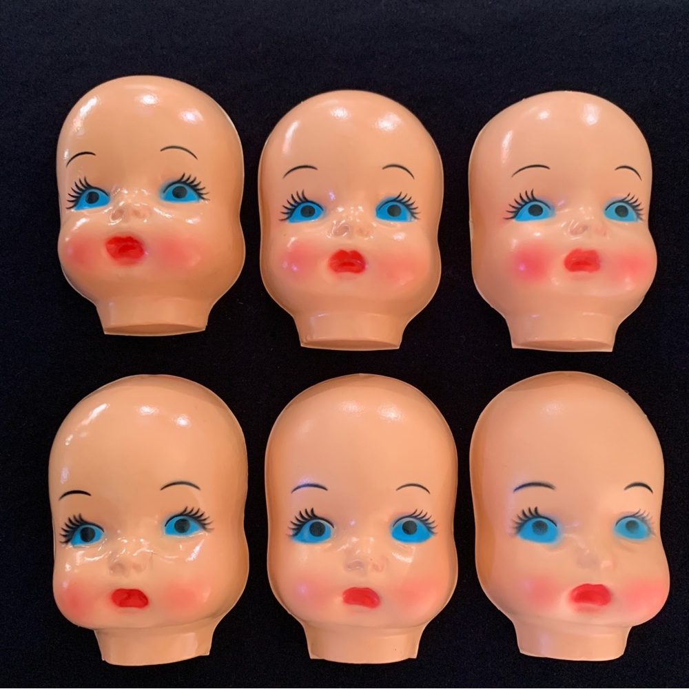 Vintage Lot MCM Celluloid Plastic Half Doll Heads Faces Blue Eyes Red Lips 4.5”